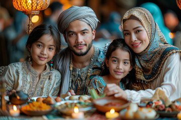 A family of four gathers around a dining table with traditional Ramadan decorations and an array of...