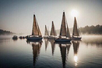Obraz premium A group of boats on the lake. Lake Reflections
