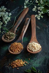 A close-up image of three wooden spoons filled with different types of seeds. Ideal for culinary or gardening concepts