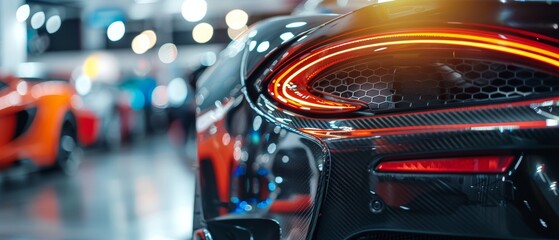 A vibrant, high-resolution image capturing the meticulous details and curves of a high-end sports car's rear, featuring honeycomb patterns and illuminated tail lights.