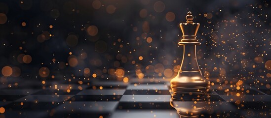 A golden queen chess piece stands prominently on a chessboard with a bokeh light background