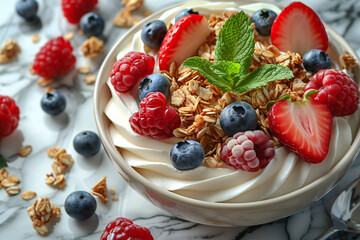 Healthy breakfast fresh granola muesli with yogurt in bowl on black marble table