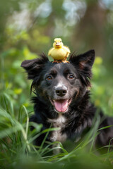 Cheerful dog with a duckling on its head in a sunny meadow - unexpected friendships