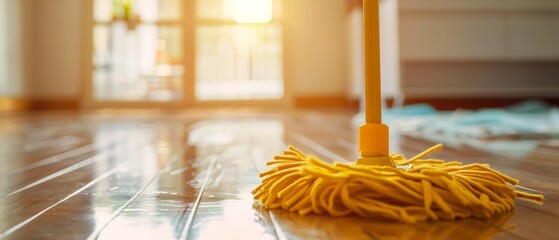 Bright sunlight fills a spacious room, highlighting a yellow mop ready to clean the reflective hardwood floor.