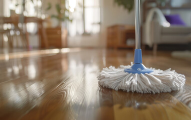 A blue and white mop glides across a gleaming hardwood floor, leaving a trail of clean and shiny surface in its wake.