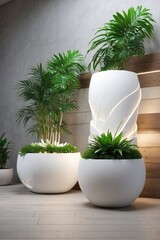 White Planter with Plants Next to a Wooden Fence