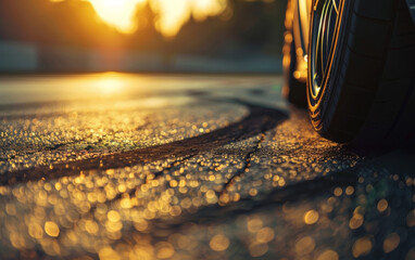 A car's wheel spins powerfully, kicking up an enchanting swirl of sparkling water droplets and mud against the backdrop of a golden sunset.