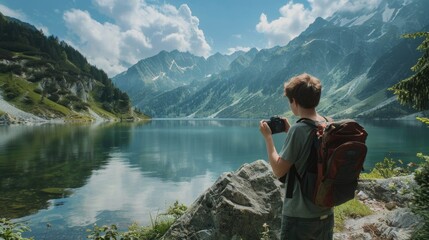 A boy capturing a scenic lake view, perfect for travel and nature concepts