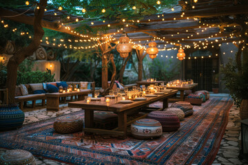 Picturesque asian style restaurant courtyard with a beautiful huge persian rug, cushioned chairs and wooden tables. String lights and ambient garden lighting