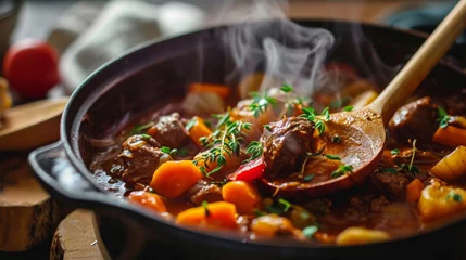 Poster Savory beef stew in a cast iron skillet © Prostock-studio