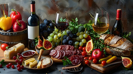 still life with food and wine - obrazy, fototapety, plakaty