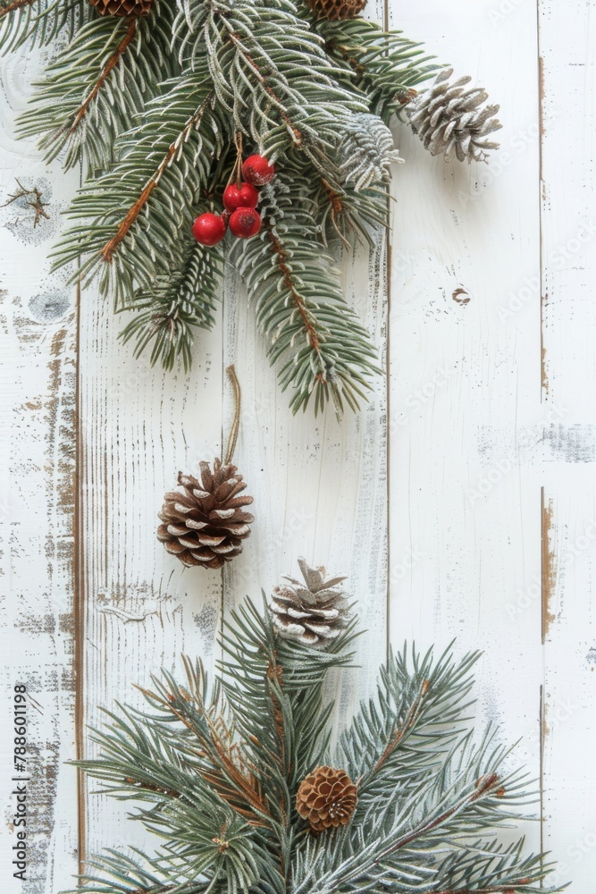 Poster a close-up image of a pine branch with pine cones and red berries. suitable for holiday decorations