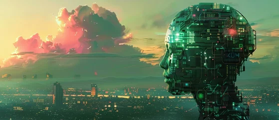 Deurstickers Produce a captivating digital artwork showcasing a side view of a visionary AI dreaming of a world where green practices and ESG criteria are at the forefront of industrial development Employ a pixel © Seksan