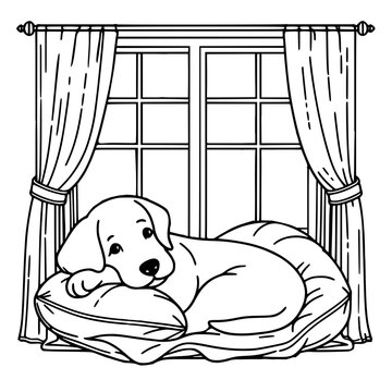Hand drawn sleppy puppy dog in window illustration