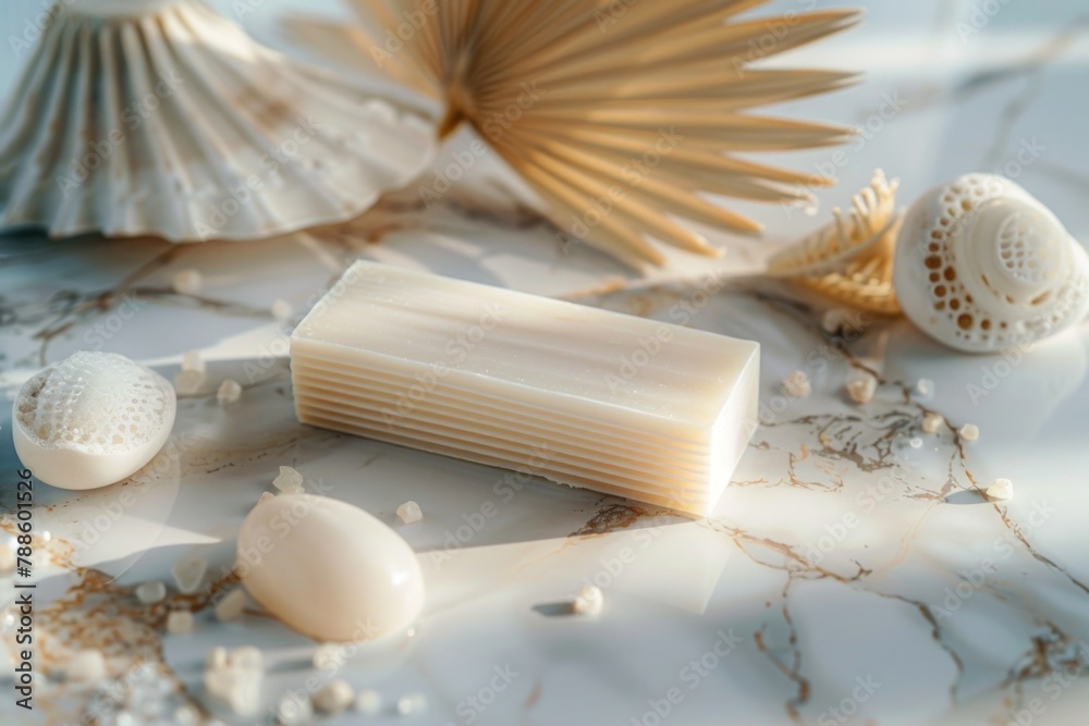 Poster a soap bar placed on a sleek marble counter. ideal for bathroom or hygiene concepts
