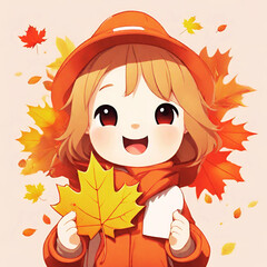 Cute Cartoon Baby Smiling with Autumn Maple Leaf Theme - Isolated Background - Generated by AI