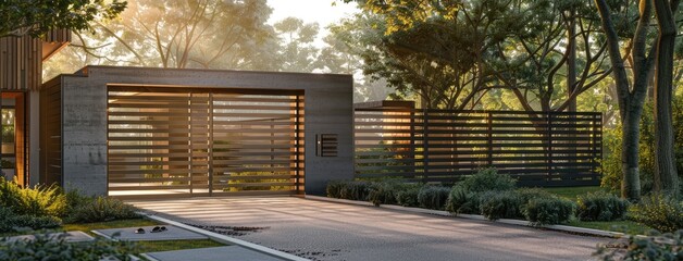 a newly installed slat aluminum fence encircling a stylish house, illuminated by the soft morning sunlight, captured in a high-quality wide shot that accentuates its contemporary allure. - obrazy, fototapety, plakaty