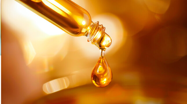 Dropping serum into a glass container, showcasing the golden liquid's purity and skincare luxury. Cosmetic spa treatments and skin care products. Alloe cure. Banner. Copy space