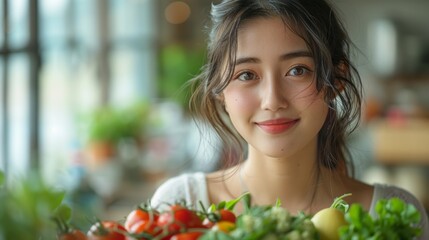 An Asian young woman, holding a vegetable and fruit platter, smiling, with a clean background. Wellbeing. Raw fresh produce. Health.