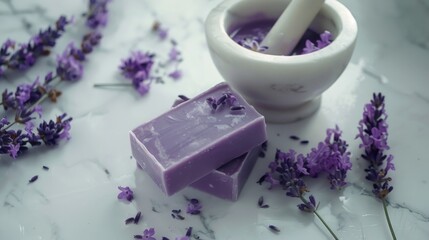Obraz na płótnie Canvas A soap bar next to a bowl of lavender flowers, suitable for spa or beauty concepts