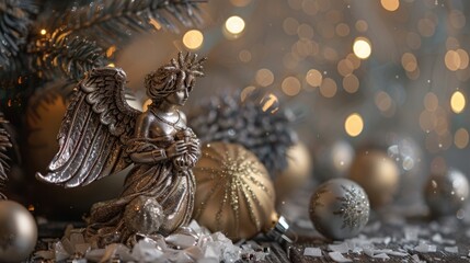 Fototapeta premium Angel statue placed on a festive Christmas tree. Suitable for holiday decorations
