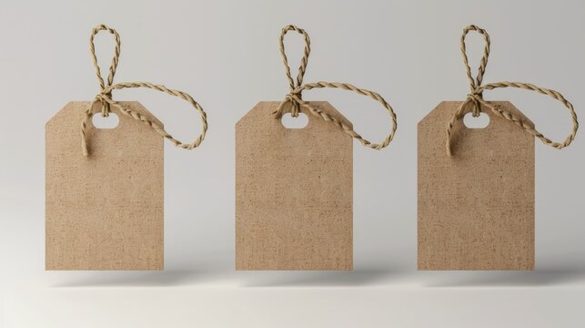 Three brown tags tied with twine on a white surface. Can be used for labeling or gift wrapping