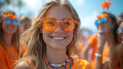 Happy Kings  Day in Netherlands, Group of Women Wearing Orange and Blue Sunglasses