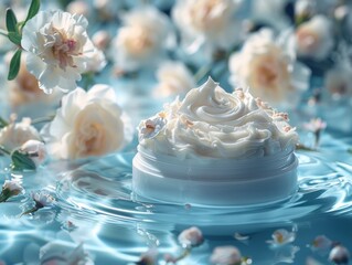 Cosmetics beauty product for advertising. Face cream, looking delicious and beautiful. Surrounded with water and white flowers. 