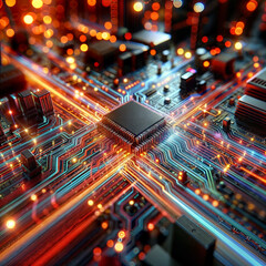 A circuit board with a single chip in the center, surrounded by glowing red and blue lights.