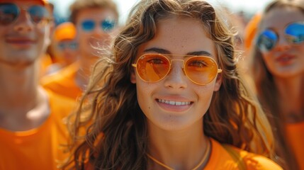 Happy Kings  Day in Netherlands, Group of People in Orange Shirts and Sunglasses