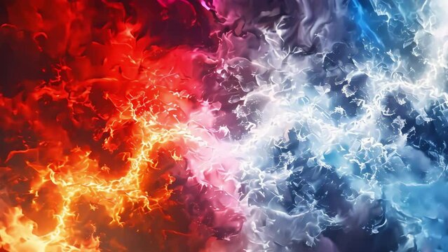 Fractal patterns of ice and flame meet in the opposition of blue and red tones, serving as a background image and creating a striking contrast.