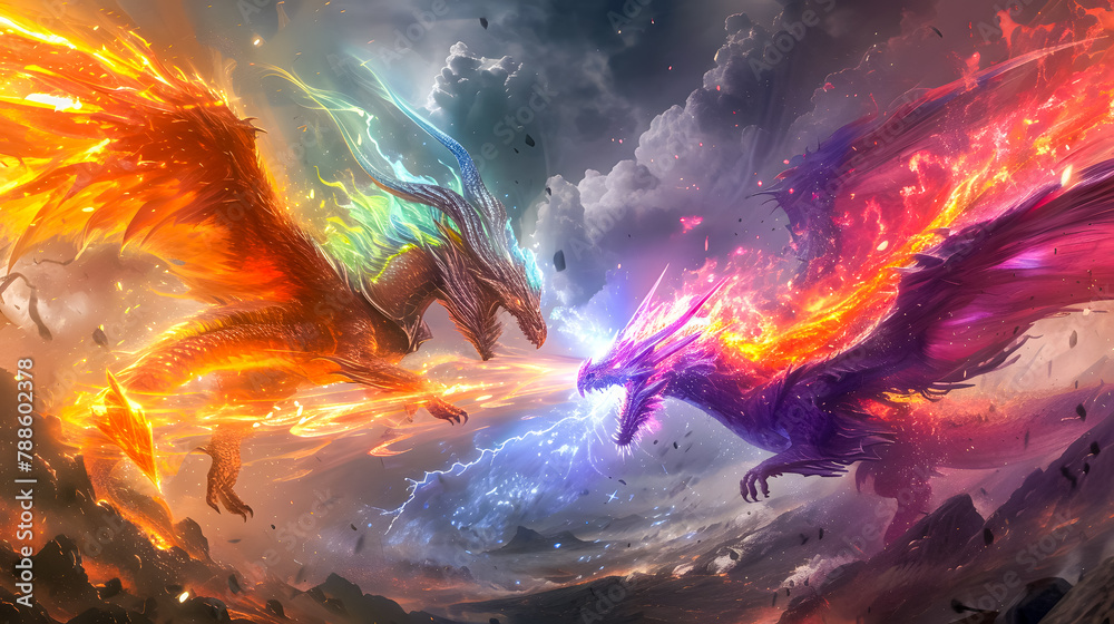 Wall mural 3d illustration Dragon Fighting, epic battle between fire dragon and lightning dragon. concept art, 3D rendering	 - Wall murals