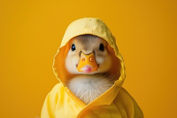 Autumn inspired baby duck in a yellow raincoat with hood on, closeup