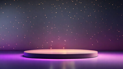 light purple minimalist round podium with bokeh light starry spots dark backdrop.