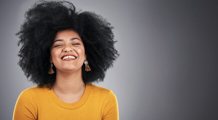 Black woman, fashion and haircare with happiness in studio on grey background and confident. Female...
