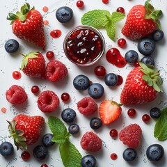Healthy diet. Detox. Drops of sweet strawberry jam and fresh berry on white background.