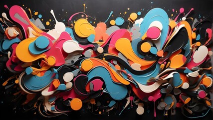 vibrant abstract graffiti over a black background featuring dynamic forms and dots