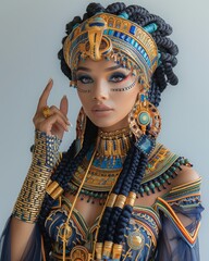 Egyptian woman model wearing gold jewelry and a headdress