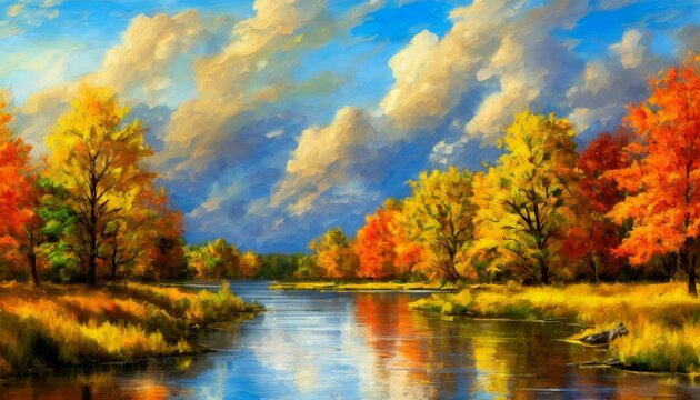 autumn landscape in the forest with a river painting on old paper