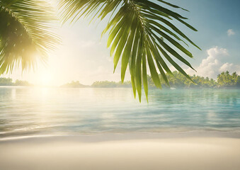 Banner Sunny Tropical Beach With Palm Leaves And Paradise Island background