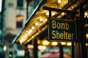 Bomb shelter sign hanging in urban street - Powered by Adobe