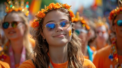 Happy Kings  Day in Netherlands, Group of Girls in Orange Shirts and Sunglasses