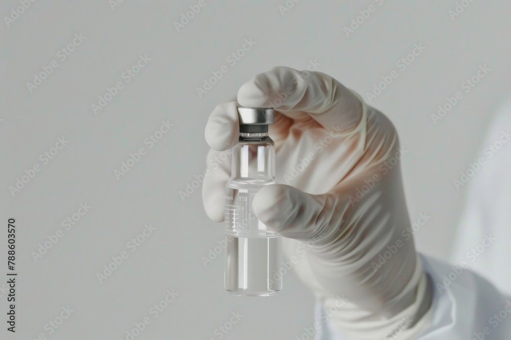 Poster a person in a lab coat holding a vial. suitable for science and research concepts