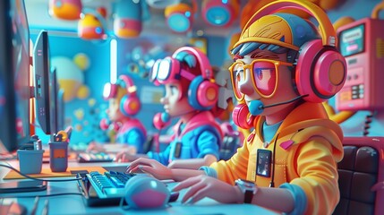 Illustrate a whimsical Worms-eye view of a call center scene, showcasing quirky cartoon characters as the agents Utilize vibrant colors, exaggerated features, and playful details with a vector art sty