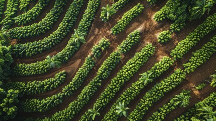 Bird's eye view of rural organic coffee plantation, rows of coffee plants, harvesting activity.