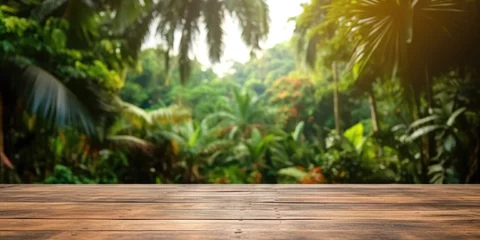Badkamer foto achterwand The empty wooden table for product display with blur background of tropical jungle. Exuberant image. generative ai © Summit Art Creations