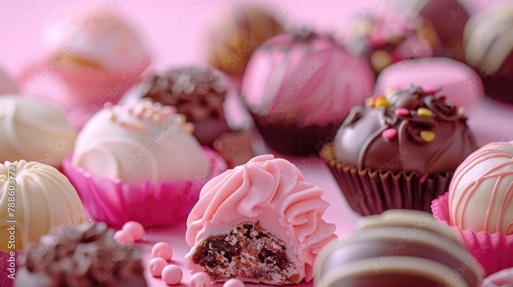 Poster close up of various types of chocolates, perfect for food and dessert concepts