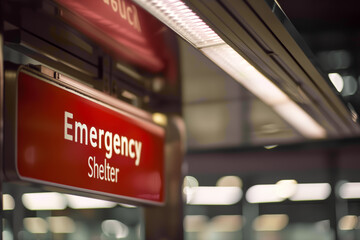 Emergency shelter sign in urban setting at night, glowing against blurred city lights