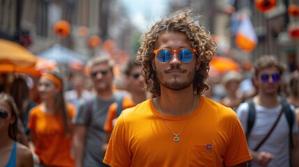 Happy Kings  Day in Netherlands, Man With Sunglasses Walking Down Crowded Street