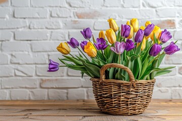 A basket of purple and yellow tulips on a wooden table. Perfect for springtime or floral-themed designs - obrazy, fototapety, plakaty